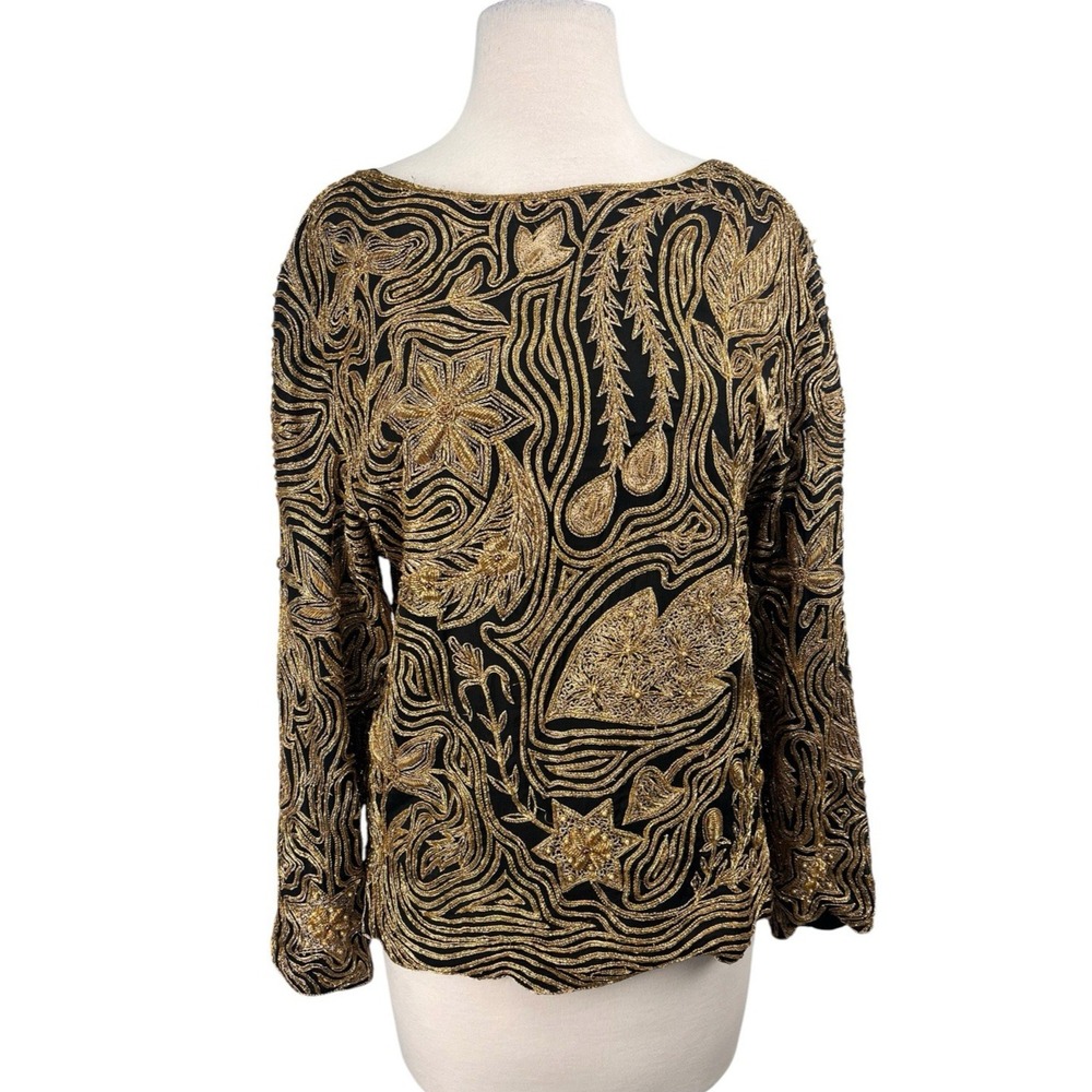 Black Gold Metallic Embroidered Top Evening Cocktail Zardozi Beaded Star Pearl